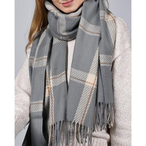 Winter Scarf Women's Shawl Cashmere Feel Tassel Plaid Oversized Scarves Grey - Picture 4 of 7
